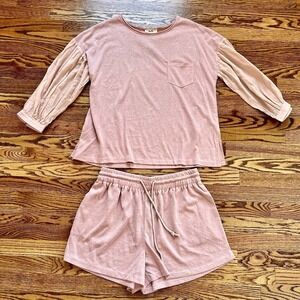 Kye Mi Pink Comfy Lounge Set Drawstring Shorts pocket tee. Size Lg, NWT